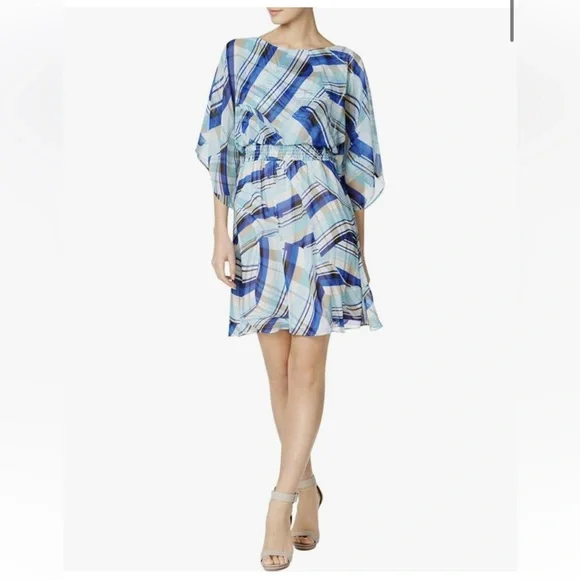 Calvin Klein Chiffon Kimono Dress in a Plaid Pattern of Blue and Tan and Green - Picture 16 of 16
